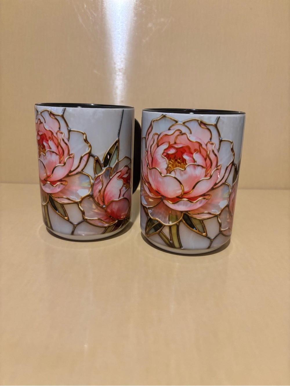 Set of 2 Pink Floral Stained Glass Style Ceramic Mugs